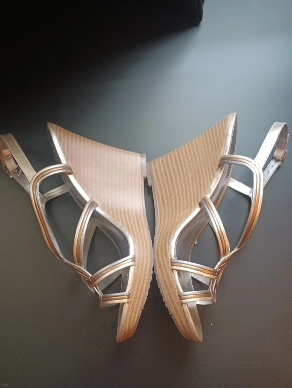 ELLE Metallic Rose Gold Strappy Wedge Sandals Woman's Size 7 Special Occasion